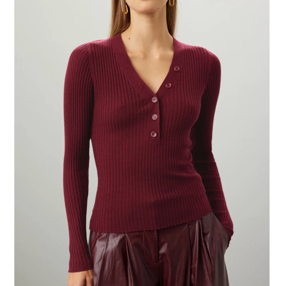 Derek Lam Sweater Womens Small Red Henley Ribbed Knit Stretch V Neck - Picture 1 of 9